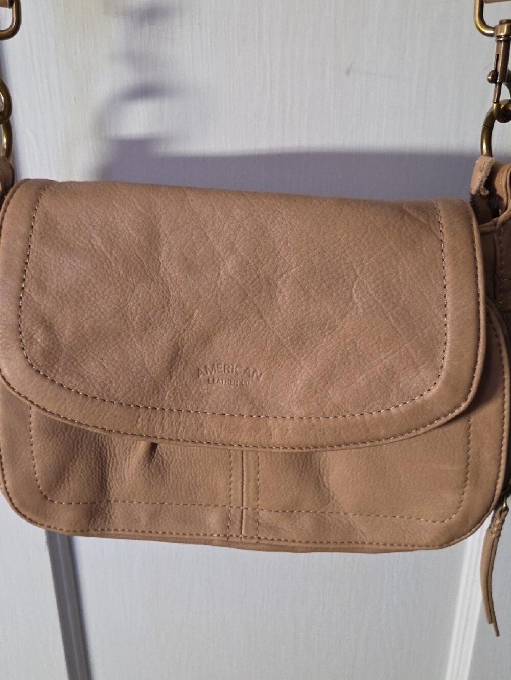 Women’s Tan Crossbody Purse with Striped Adjustable Strap - Picture 2 of 4